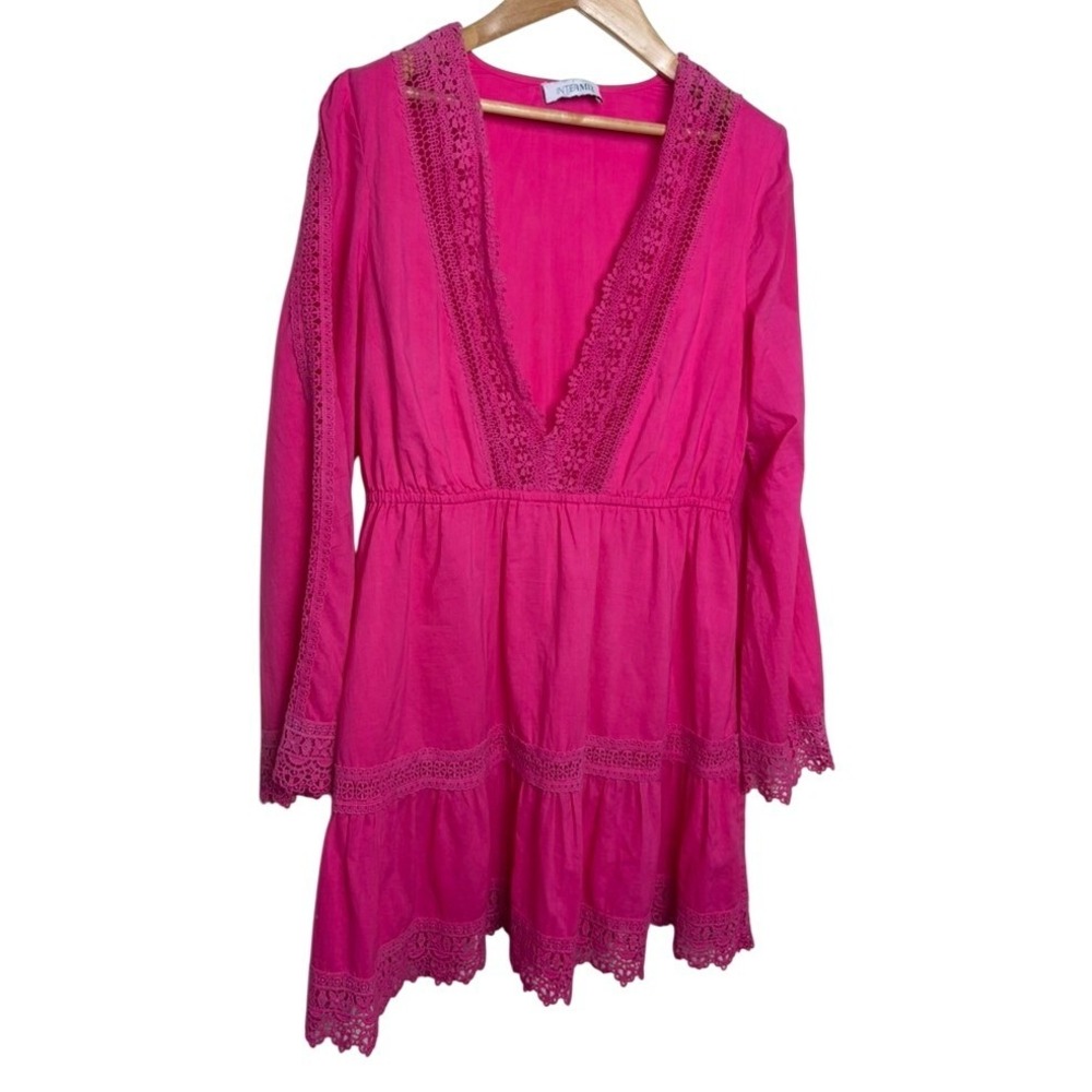Intermix Hot Pink Crochet Lace Trim V-Neck Mini Dress Long‎ Sleeve L